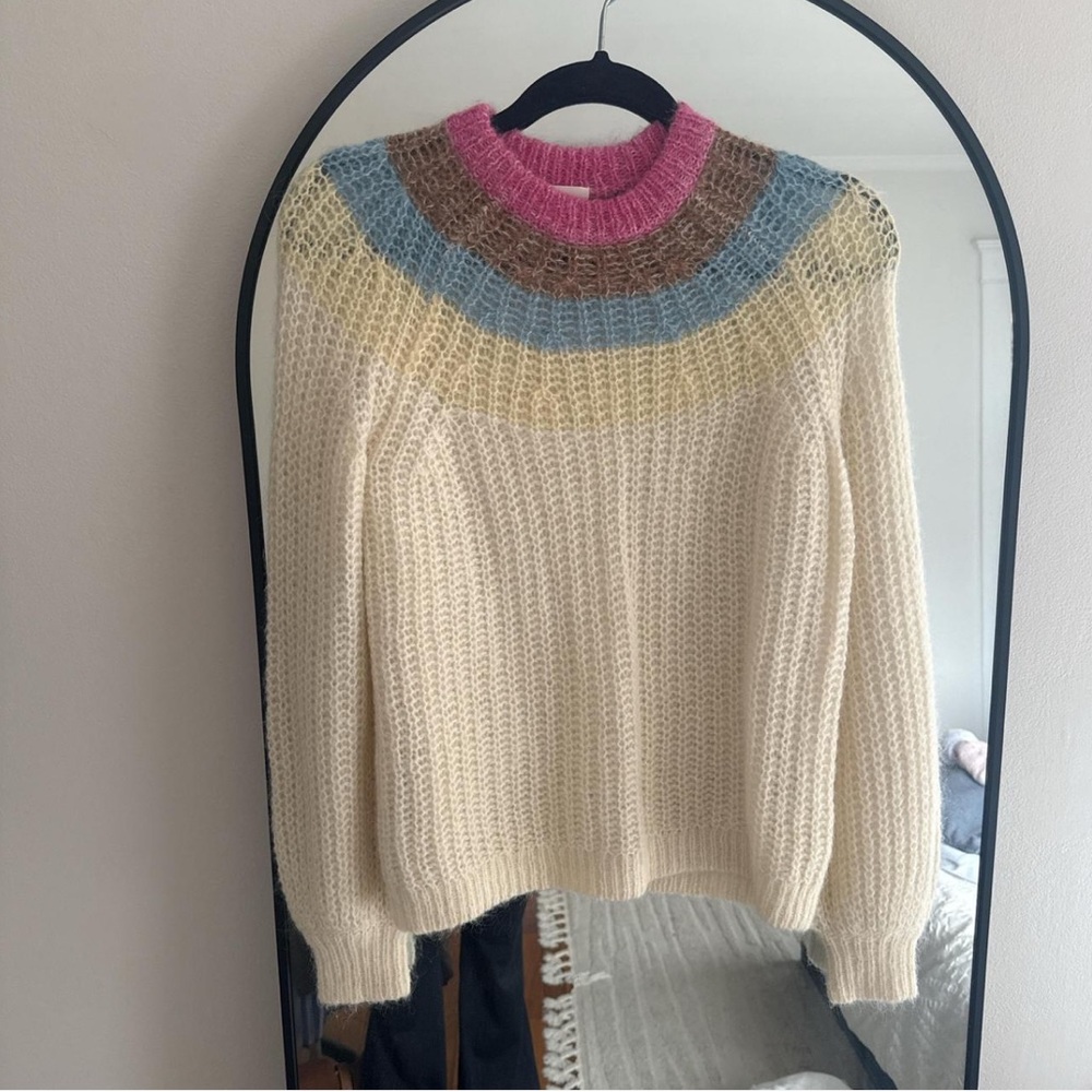 Cream Knit Sweater with Pink and Blue Yoke